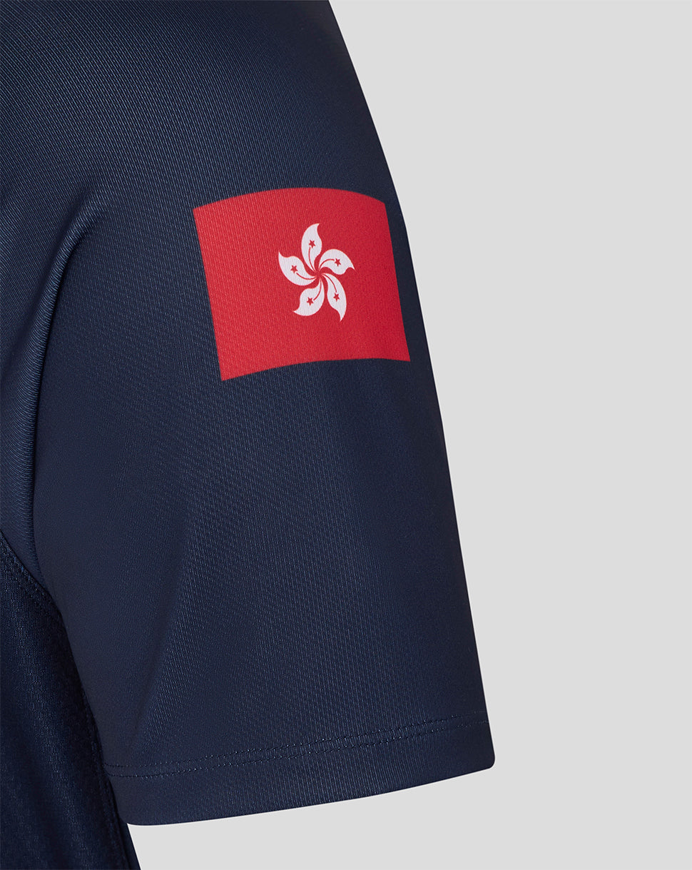 Navy rugby jersey sleeve with a red Hong Kong flag patch.
