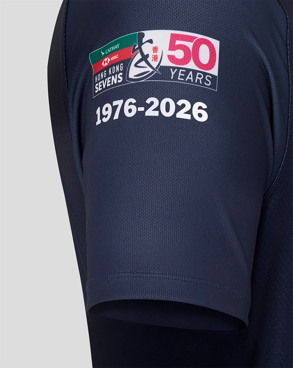 Back shoulder area of navy HK7s jersey featuring a 50th anniversary Hong Kong Sevens patch with 1976-2026.