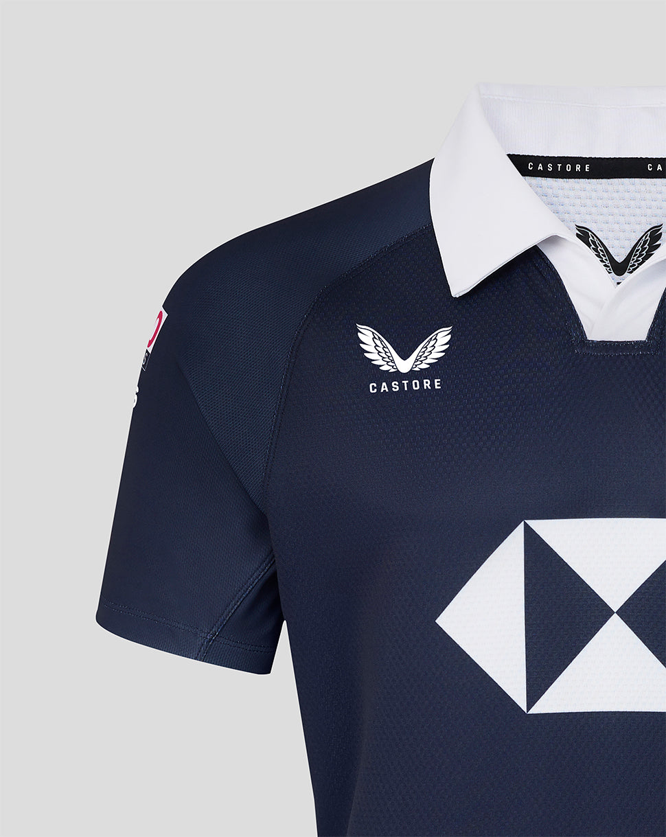 Deep navy HK7s home rugby jersey with white old school collar, Castore logo on chest and large white diamond sponsor emblem