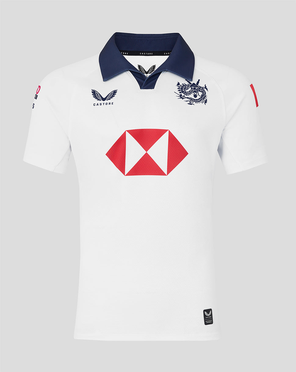 White rugby jersey with a navy collar featuring a dragon crest on the chest and a bold red HSBC logo at center