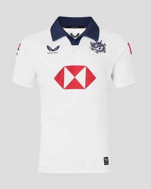White Hong Kong China Rugby 2026 away jersey with navy collar crest on chest and bold red sponsor emblem.