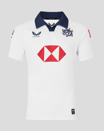 White Hong Kong China Rugby 2026 away jersey with navy collar crest on chest and bold red sponsor emblem.