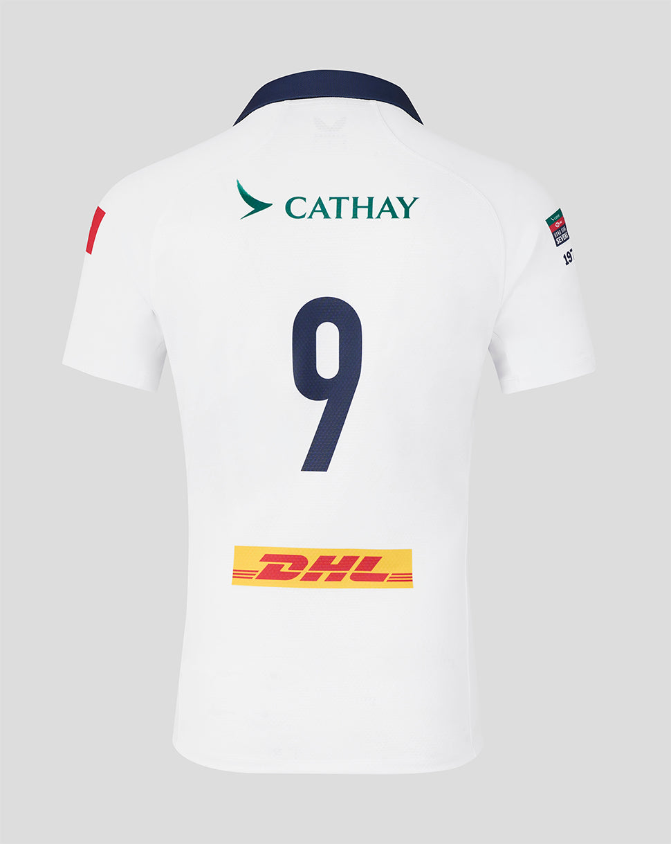 Back view of white rugby jersey showing large blue number 9 and DHL logo on the lower back area