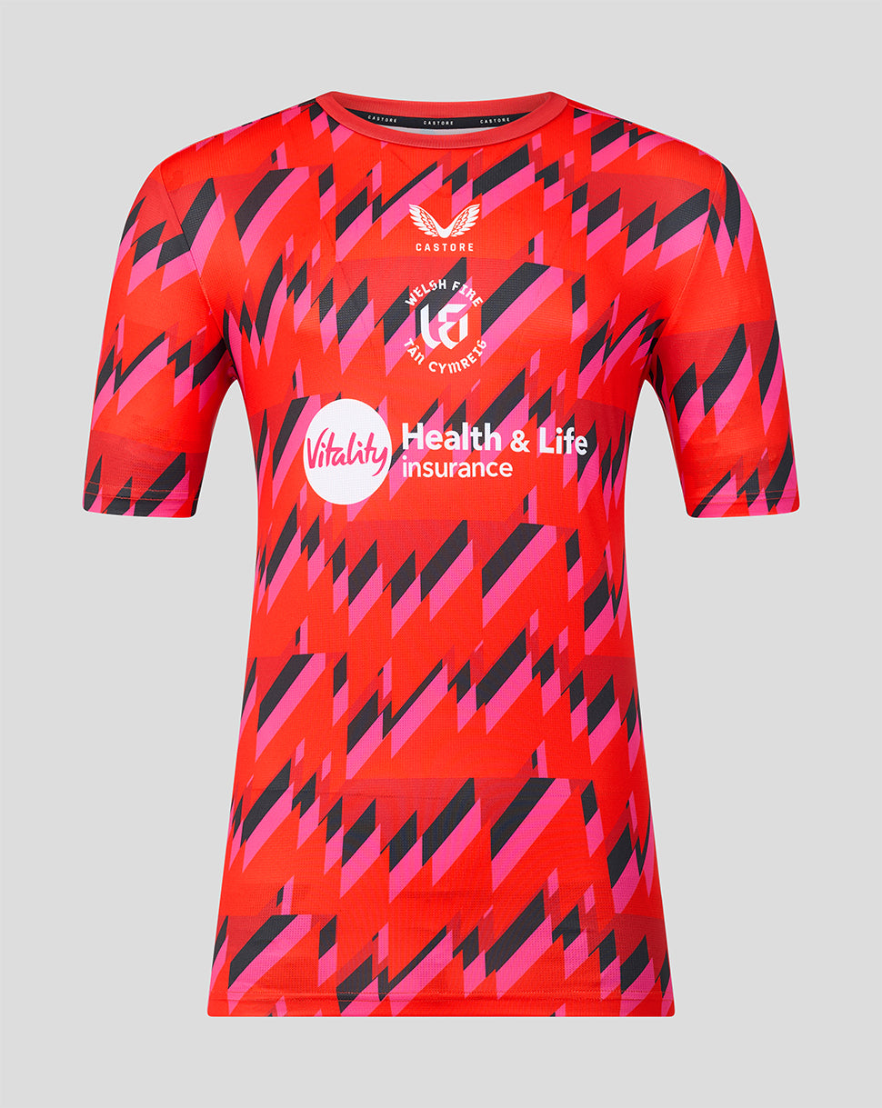 Front view of Welsh Fire The Hundred 2026 short sleeve training T-shirt in red with all over geometric print and crest logos