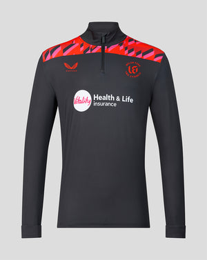 Front view of the Welsh Fire 2026 mens performance quarter zip top in dark color with red geometric shoulder panels, Vitality sponsor logo, and Welsh Fire crest.