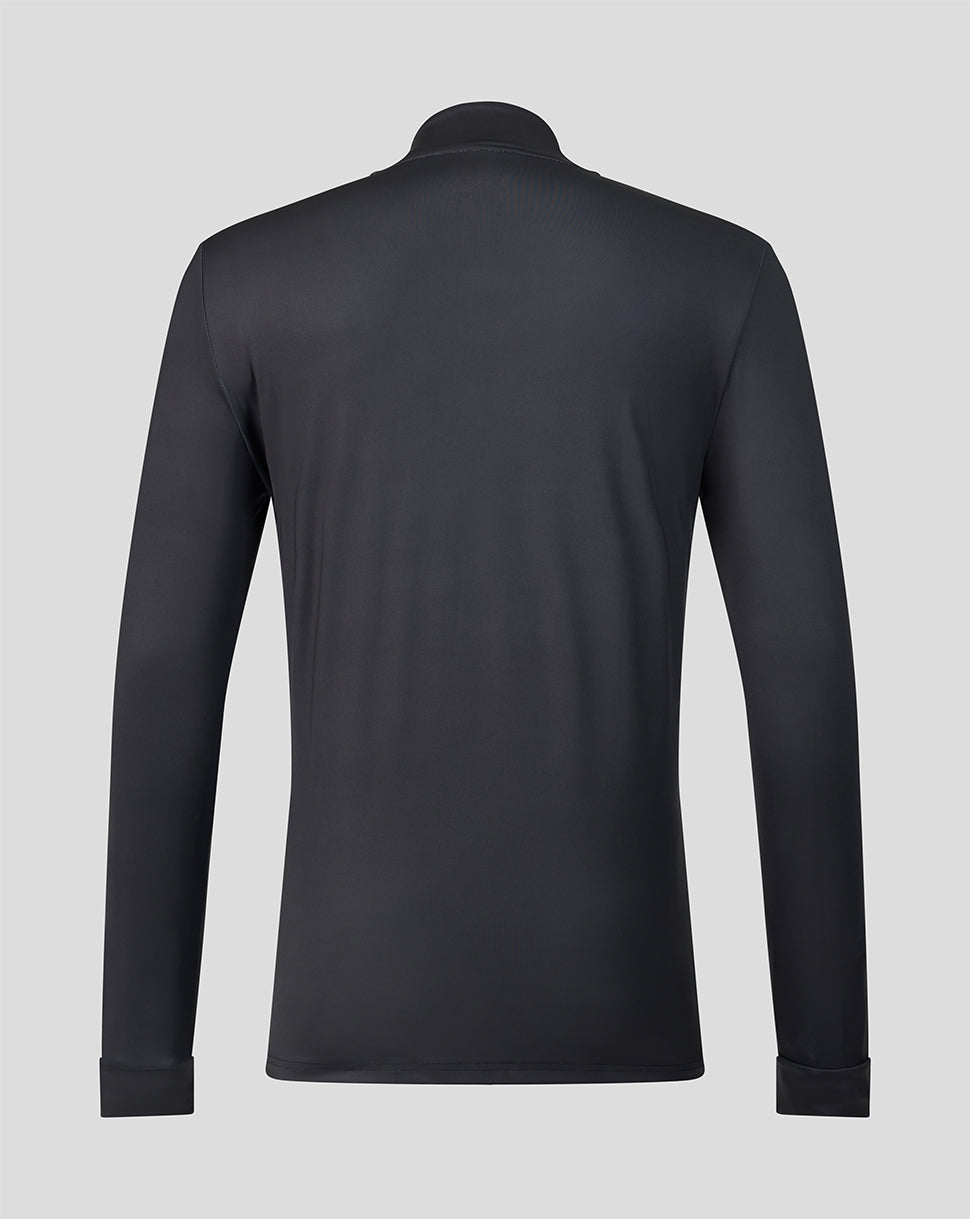Back view of a dark grey Welsh Fire 2026 performance quarter zip top with a high collar