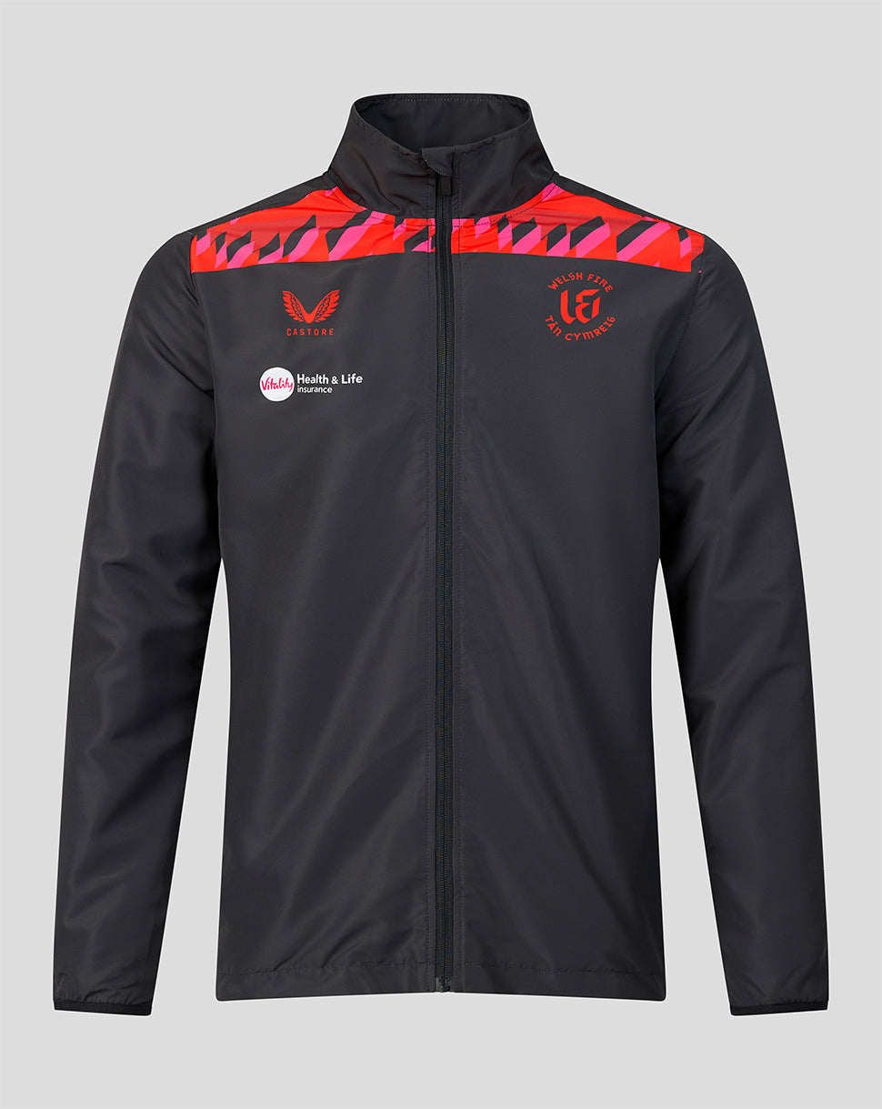 Front view of Welsh Fire 2026 mens woven pre match jacket featuring red geometric shoulder panel and crest on chest.