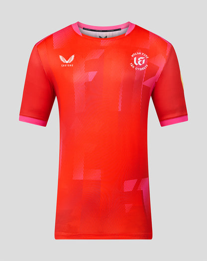 Front view of Welsh Fire 2026 short sleeve stretch jersey in red with crests.