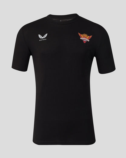 Front view of black Sunrisers Leeds The Hundred Small Wings T Shirt with Castore logo on left chest and Sunrisers crest on right chest