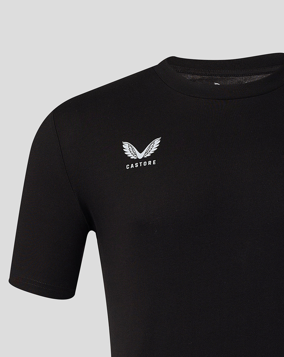 Close up of the white Castore wing logo on the black T shirt chest