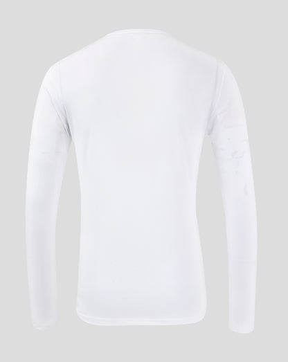 Back view of a white long sleeve training T shirt.
