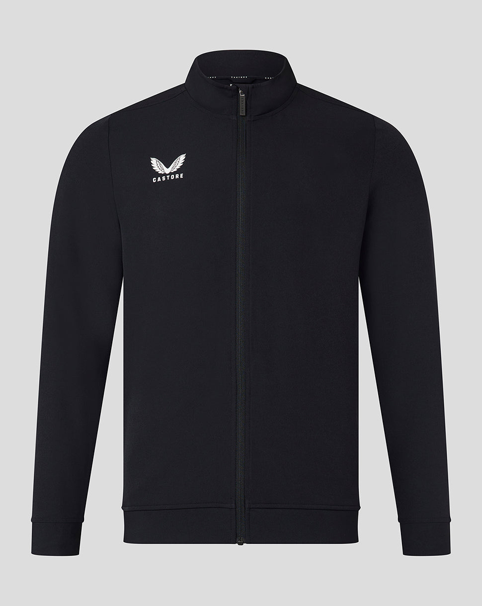 Front view of black men's track jacket with full zipper and white wing logo on the left chest