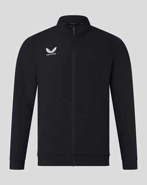 Front view of black men's track jacket with full zipper and white wing logo on the left chest