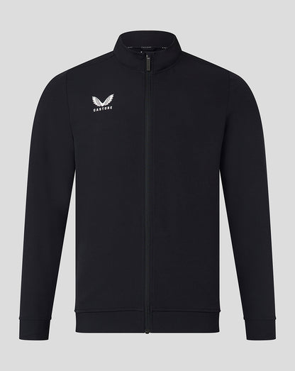 Front view of black men's track jacket with full zipper and white wing logo on the left chest