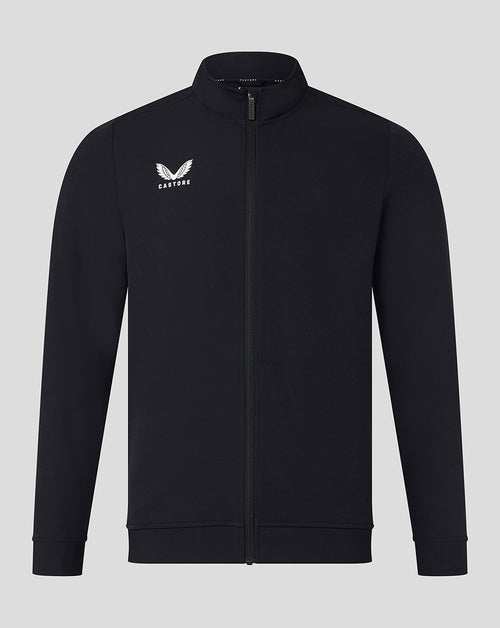 Front view of black men's track jacket with full zipper and white wing logo on the left chest