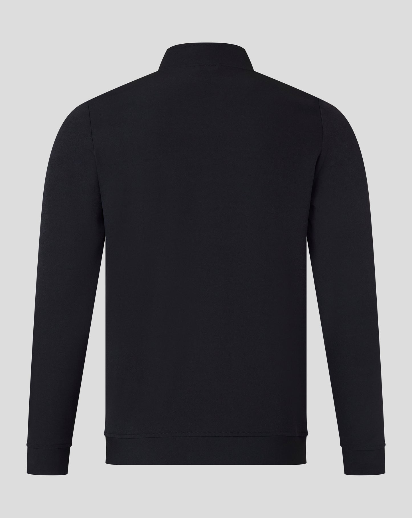 Back view of black men's track jacket with a high collar and clean minimalist design