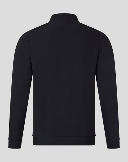 Back view of black men's track jacket with a high collar and clean minimalist design