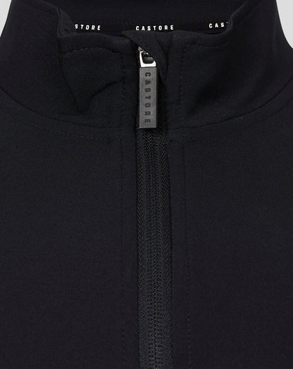 Close-up of the zipper at the collar on a black Castore track jacket