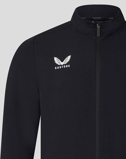 Close up of left chest showing the white wing CASTORE logo on a black zip jacket
