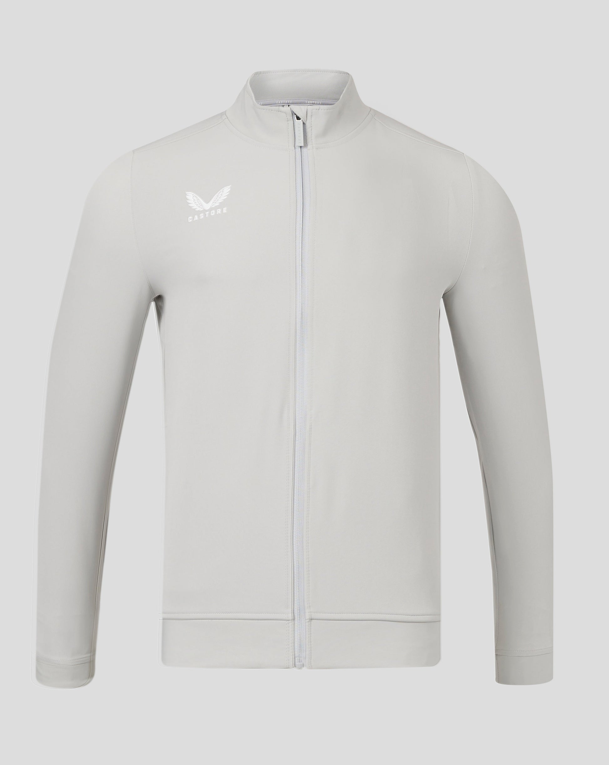 Light grey mens track jacket with funnel neck and full front zipper, left chest Castore logo.