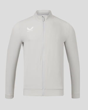 Light grey mens track jacket with funnel neck and full front zipper, left chest Castore logo.