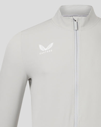 Light gray track jacket with funnel neck and full zip showcasing Castore logo on the chest.