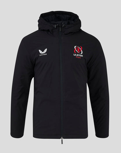 Black Ulster Rugby bench jacket with hood, front zip, Castore logo on left chest and Ulster Rugby crest on the right.
