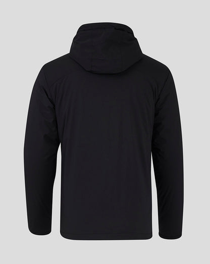 Back view of black hooded bench jacket showing a clean silhouette