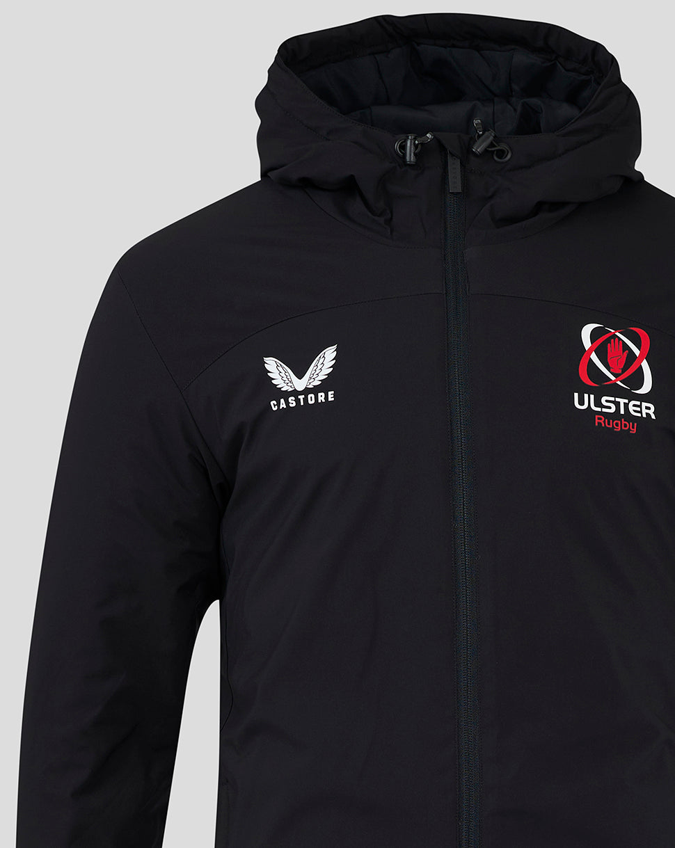Front view of black hooded bench jacket with Castore logo on left chest and ULSTER Rugby badge on right