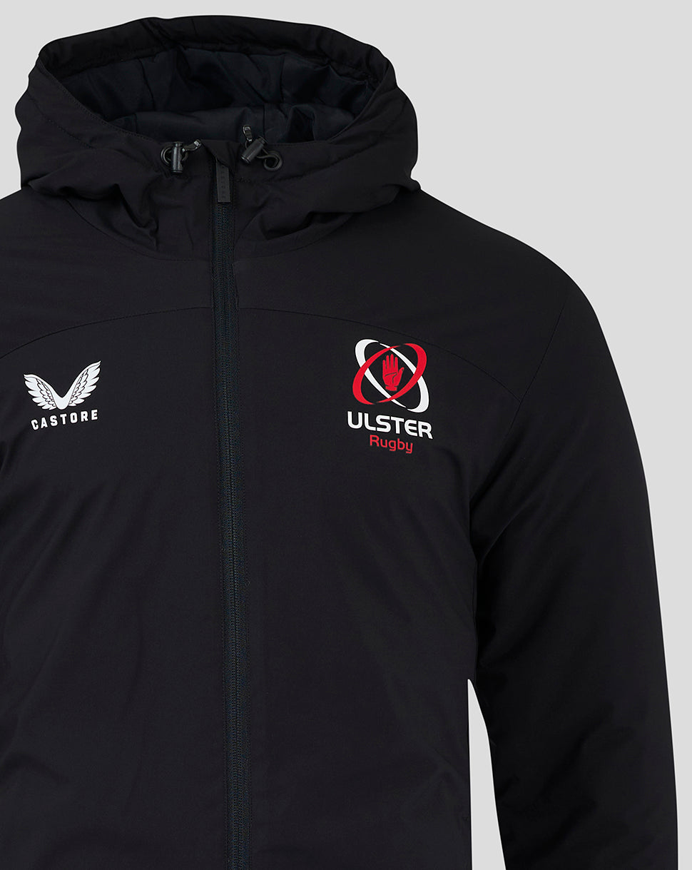 Front view of black hooded bench jacket with ULSTER Rugby logo on the chest