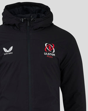 Front view of black hooded bench jacket with ULSTER Rugby logo on the chest