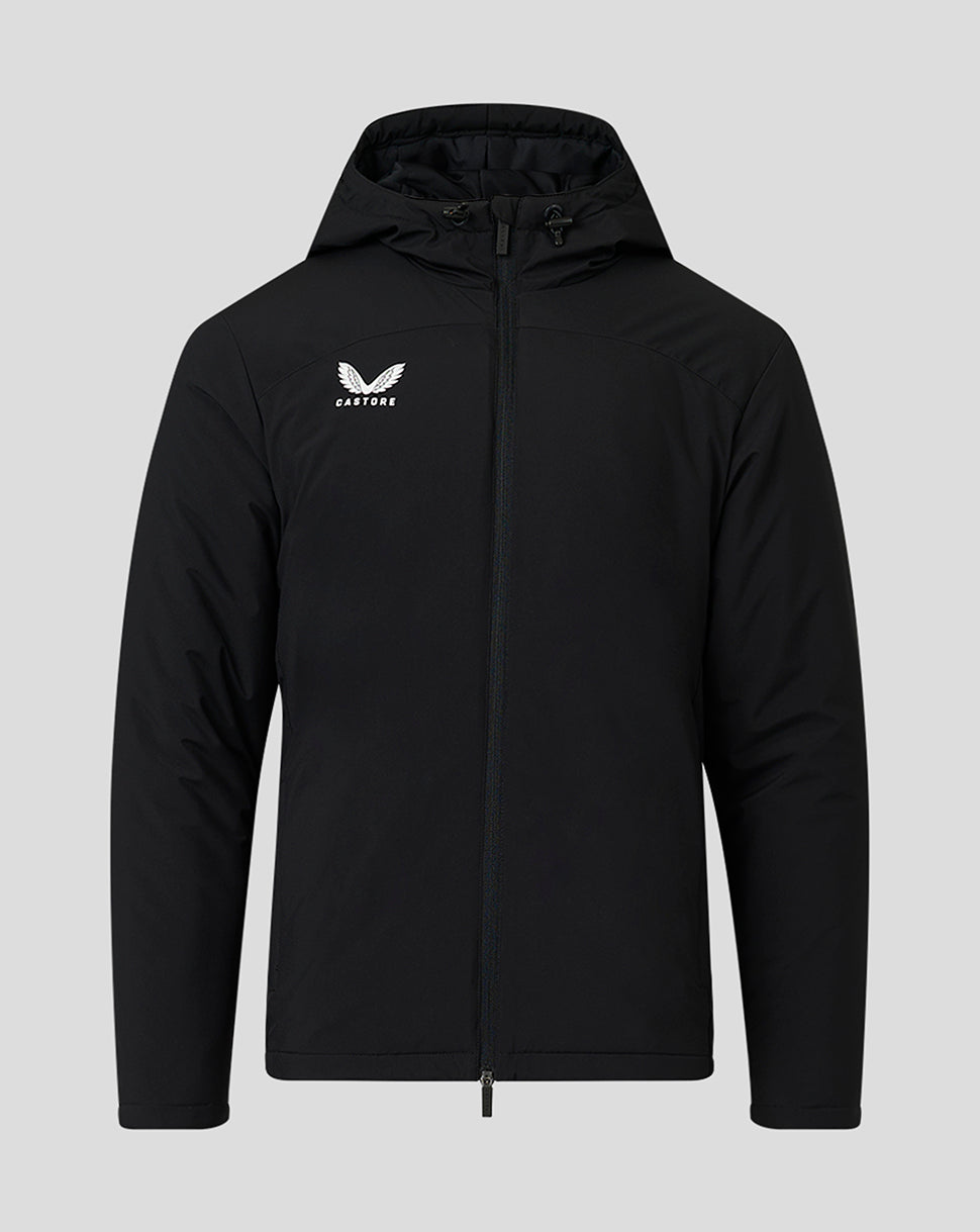 Front view of black hooded men's bench jacket with a white Castore logo on the chest