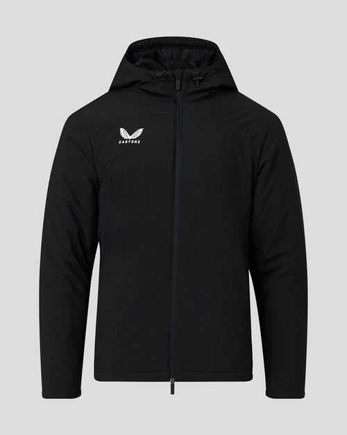 Front view of black hooded men's bench jacket with a white Castore logo on the chest