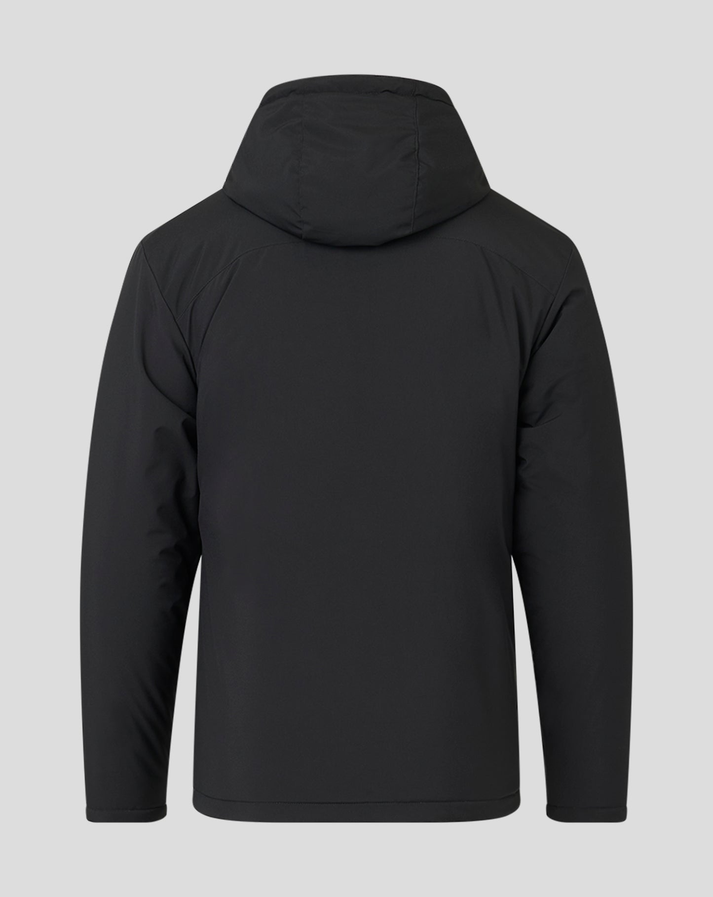 Back view of black hooded men's bench jacket showing the hood and shoulder seam