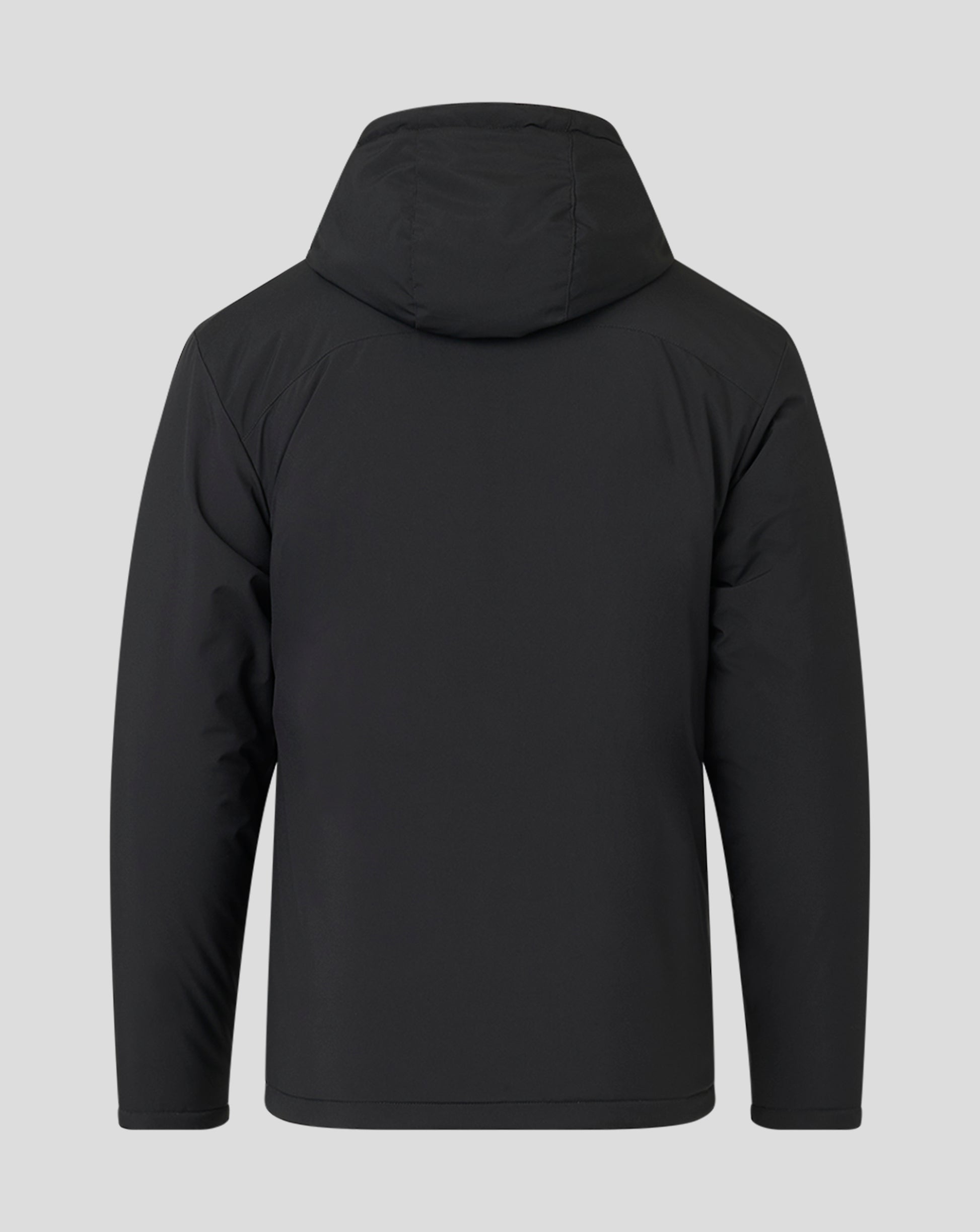 Back view of black hooded men's bench jacket showing the hood and shoulder seam
