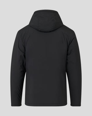 Back view of black hooded men's bench jacket showing the hood and shoulder seam