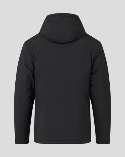 Back view of black hooded men's bench jacket showing the hood and shoulder seam
