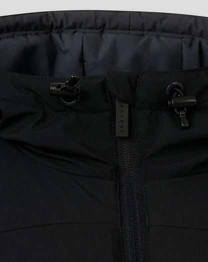 Close up of the jacket waist area with front zipper and adjustable drawcords