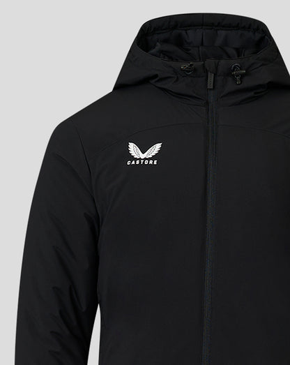 Black men's bench jacket close up of chest with white Castore logo