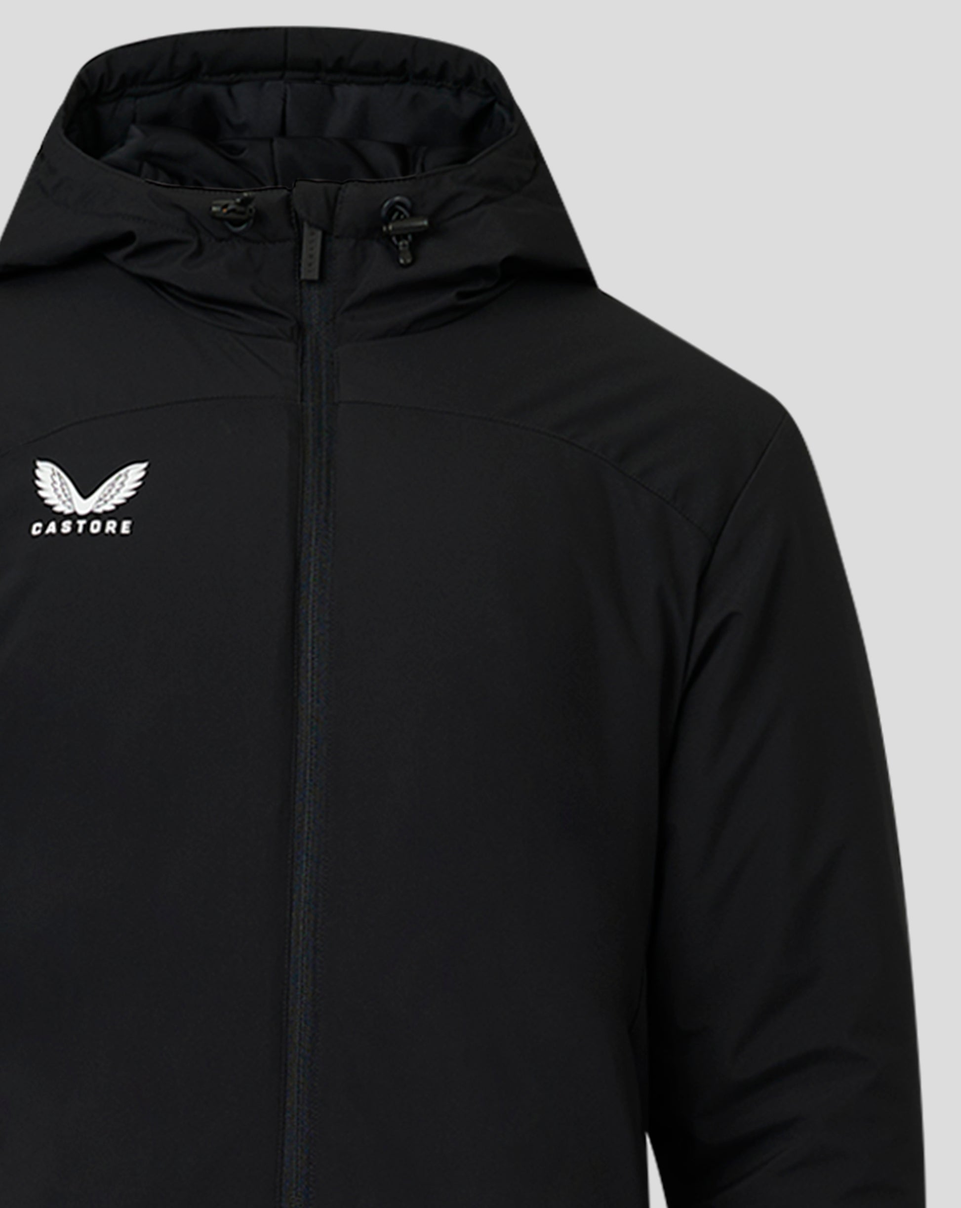 High collar with drawstrings and zipper on black bench jacket Castore logo on left chest