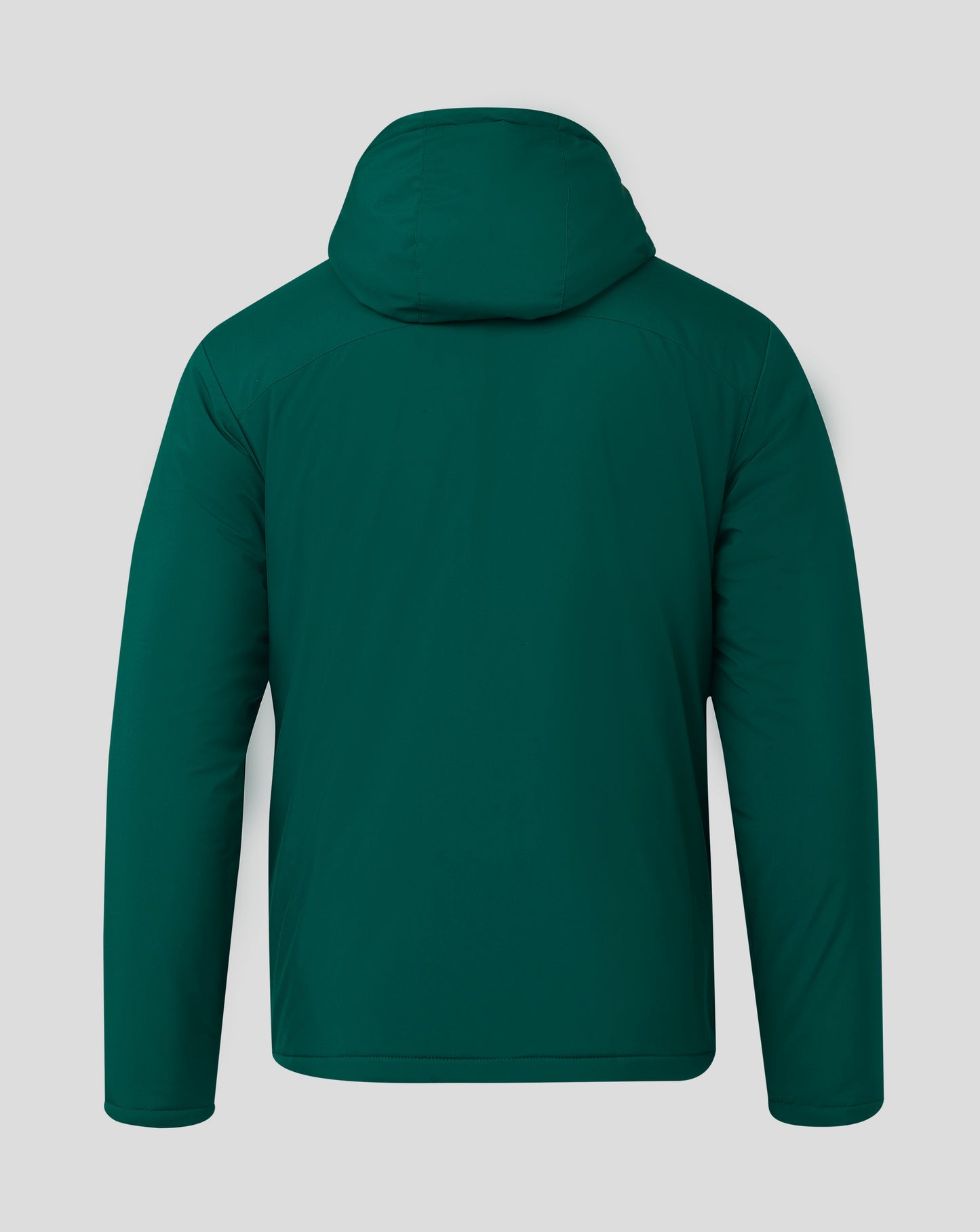 Back view of teal green padded Mens Bench Jacket with hood