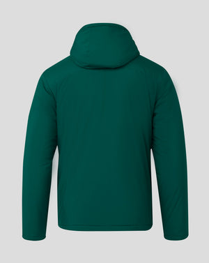 Back view of teal green padded Mens Bench Jacket with hood