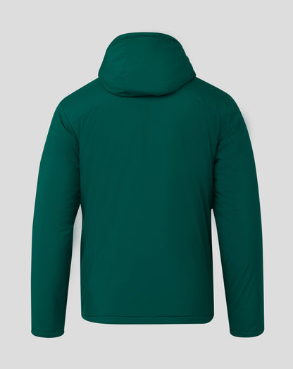 Back view of teal green padded Mens Bench Jacket with hood
