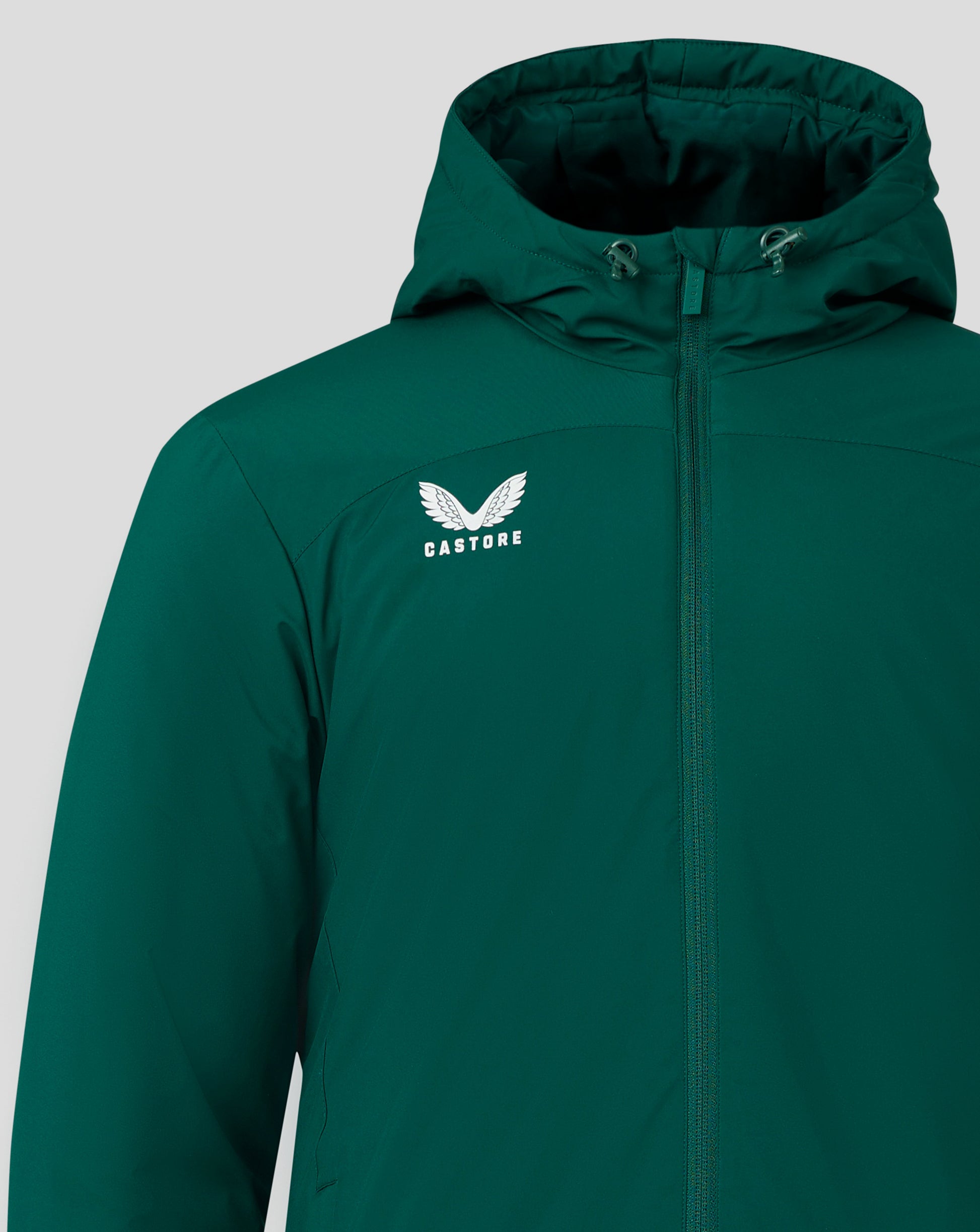 Close-up of teal Bench Jacket hood with drawcords and front zipper Castore logo visible on chest