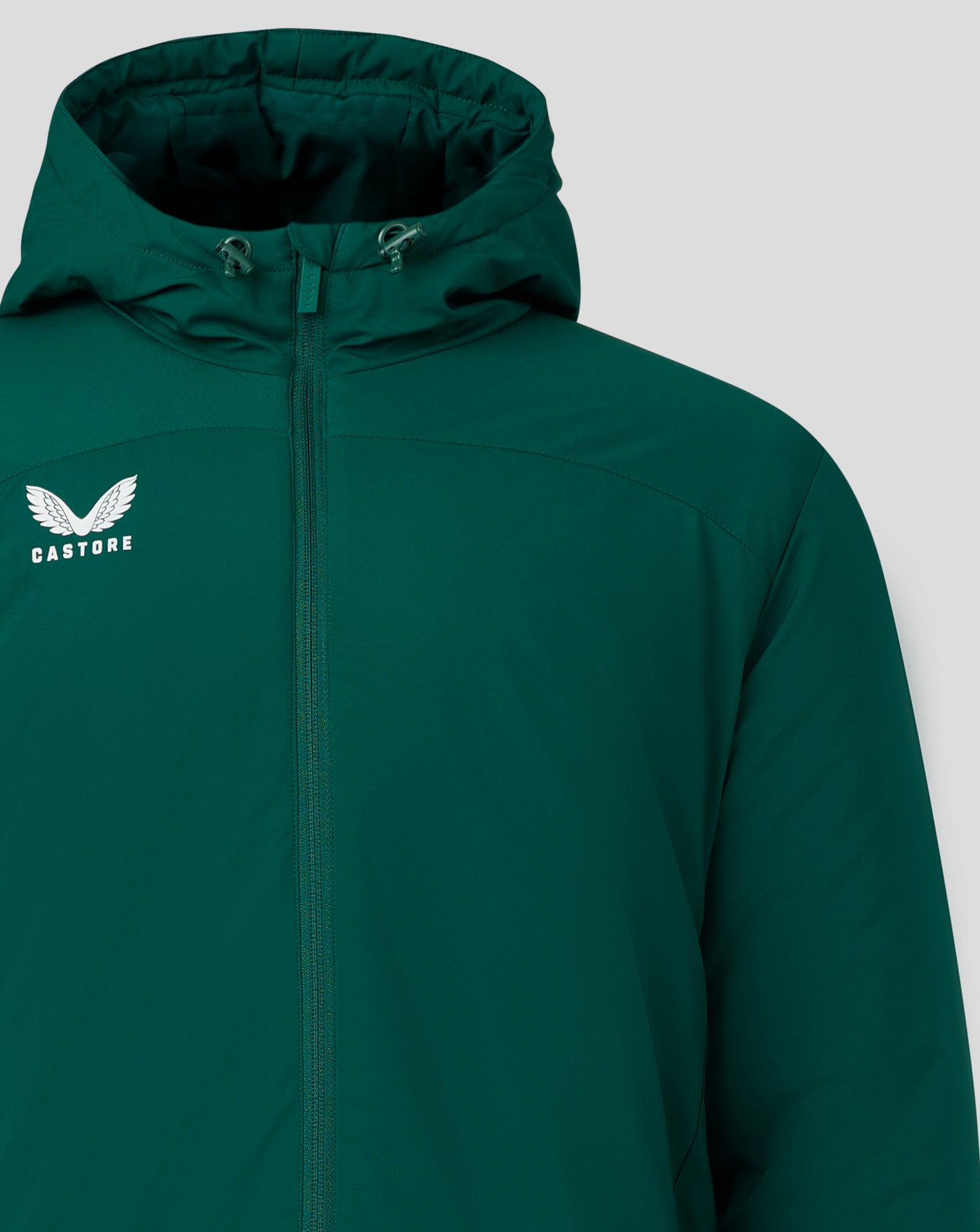 Front view of teal green Bench Jacket showing full zip and padded warmth
