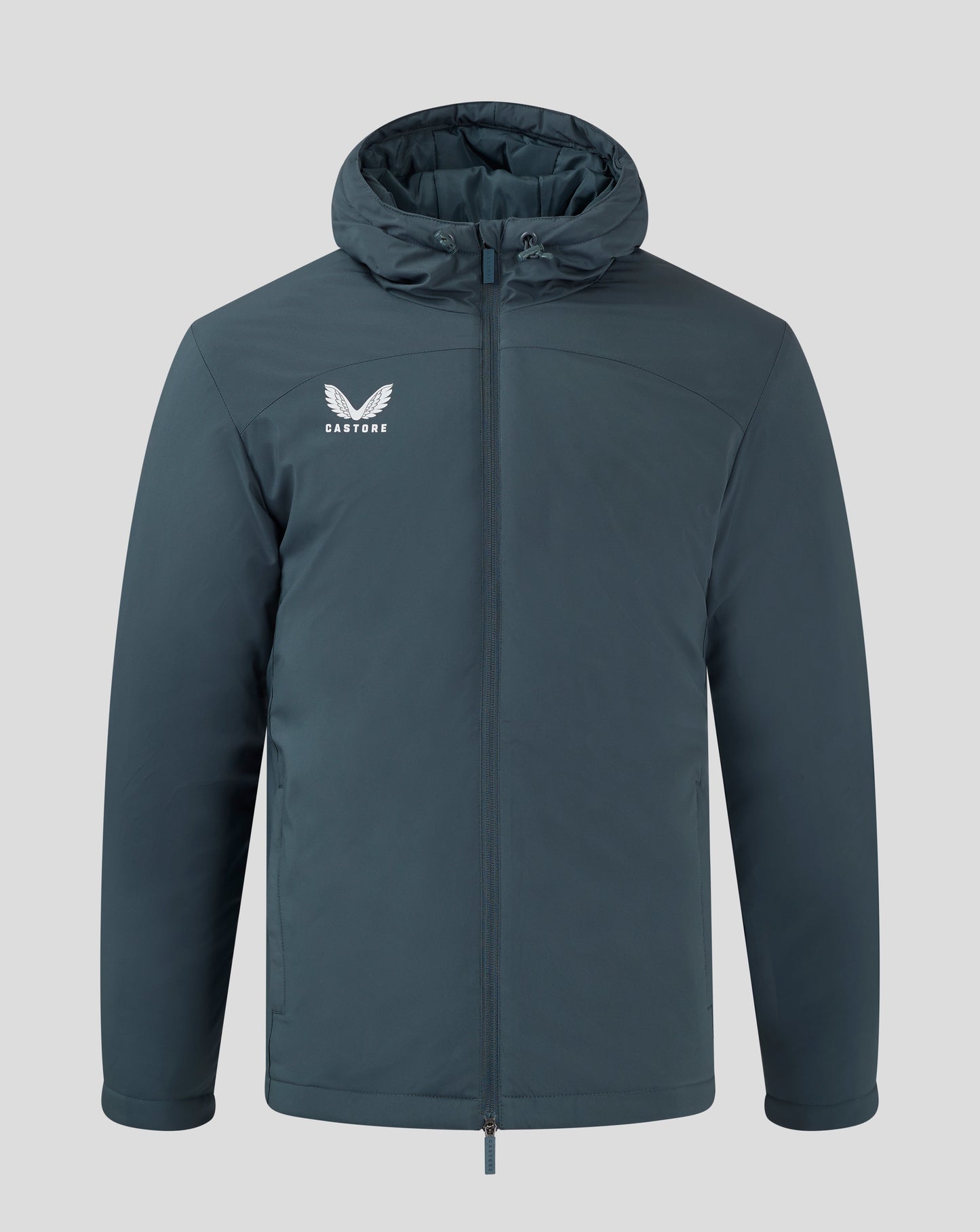 Front view of dark slate Mens Bench Jacket with full zip and hood, Castore logo on chest