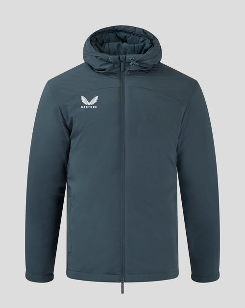Front view of dark slate Mens Bench Jacket with full zip and hood, Castore logo on chest