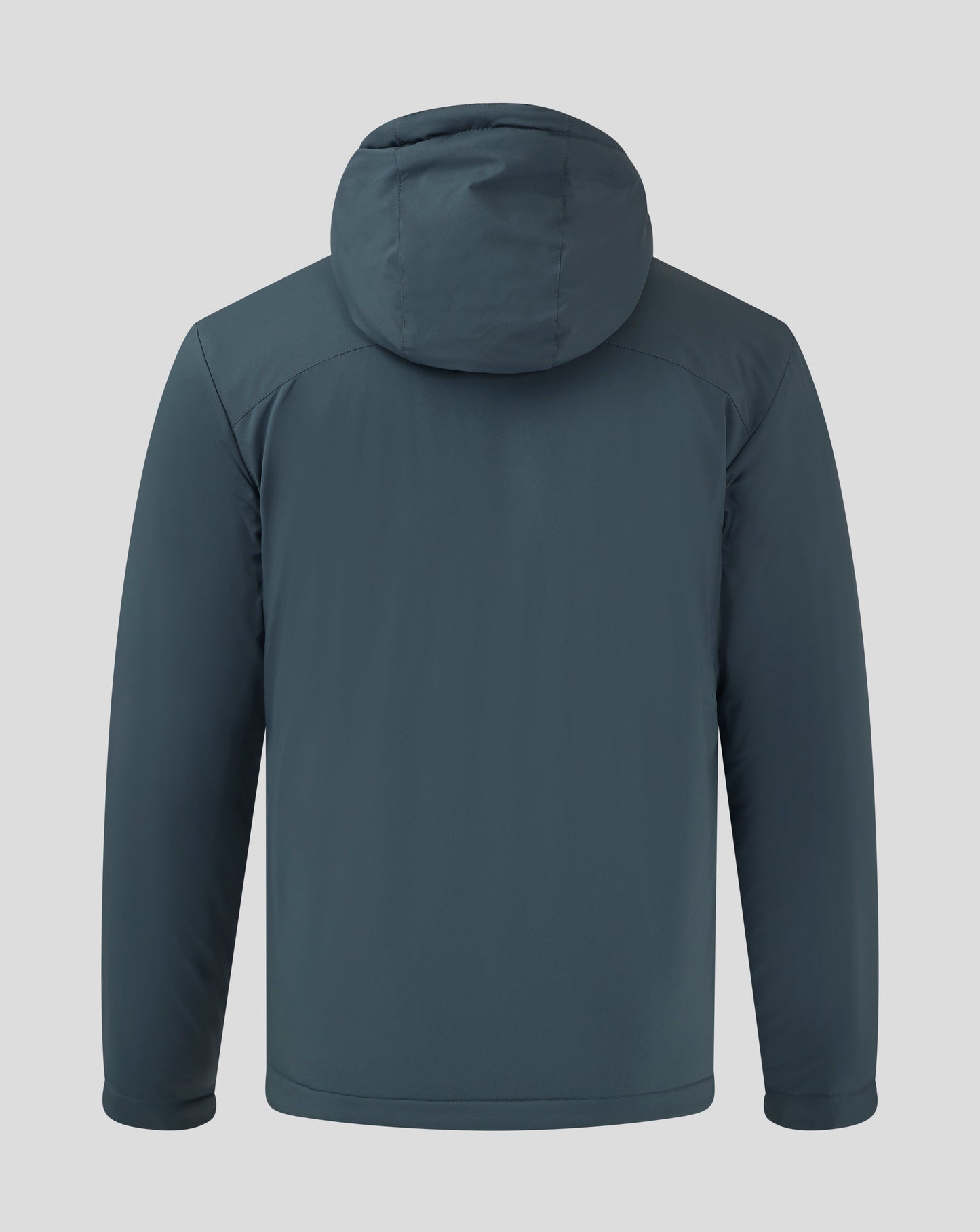Back view of dark slate Mens Bench Jacket with hood up showing shoulder seams and clean silhouette