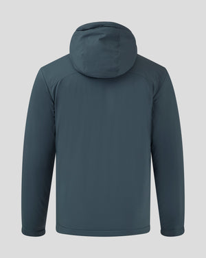 Back view of dark slate Mens Bench Jacket with hood up showing shoulder seams and clean silhouette