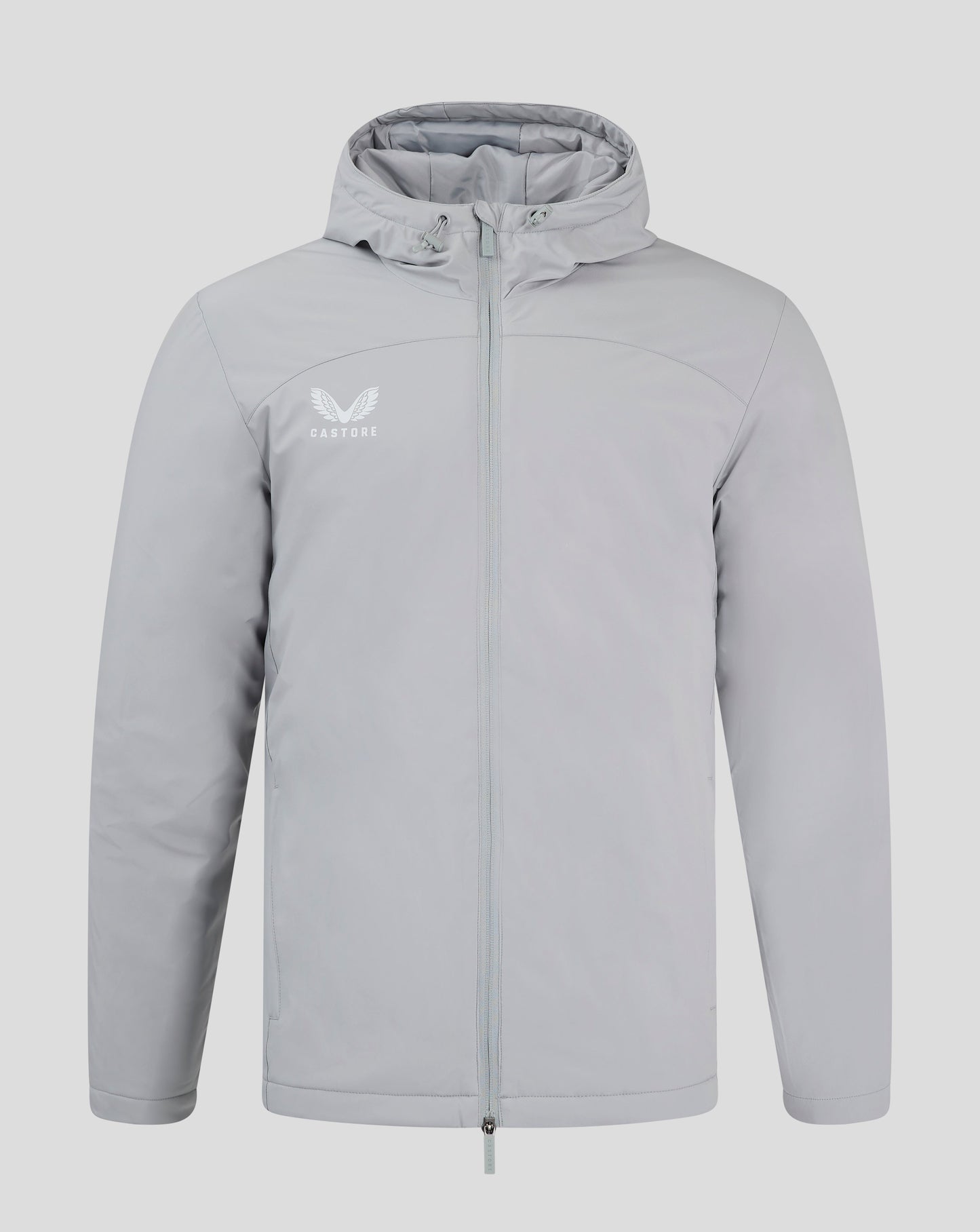 Front view of light gray Mens Bench Jacket with hood up full zip and Castore logo on left chest